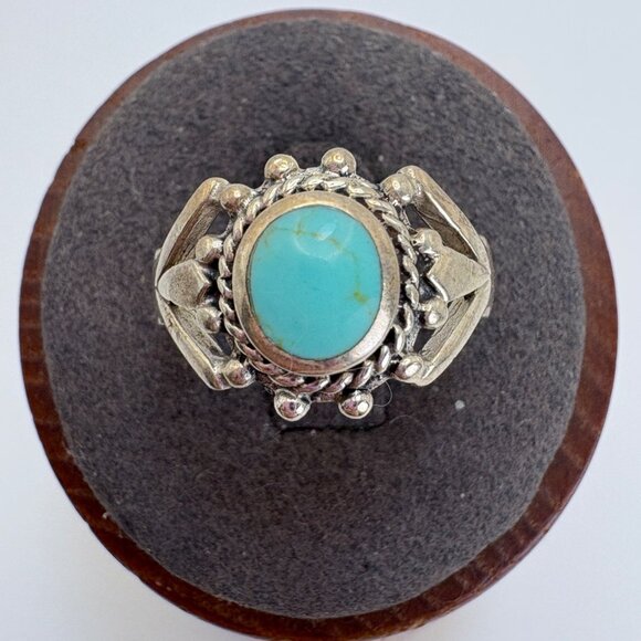 VTG Sterling Silver 925 Turquoise Bezel Set Rope Border Statement Ring Size 6.75 - Picture 1 of 10